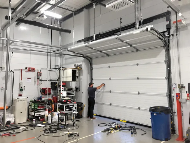 Wadsworth Garage Door Repair certified technician performing commercial door repair at a Wadsworth business facility