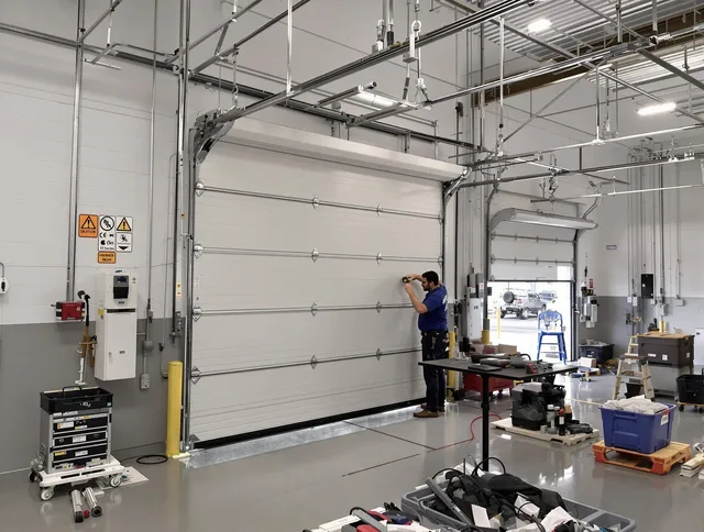 Commercial garage door repair being performed by Wadsworth Garage Door Repair expert in Wadsworth