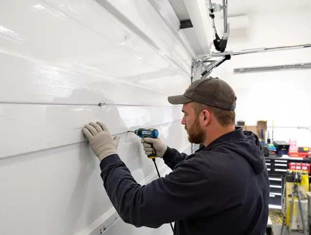 Wadsworth Garage Door Repair technician demonstrating precision dent removal techniques on a Wadsworth garage door