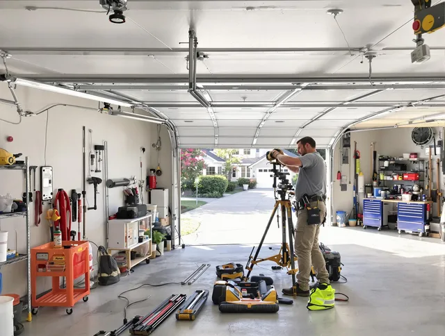 Wadsworth Garage Door Repair specialist performing laser-guided track alignment in Wadsworth